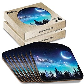 8 x Square Coasters - Milky Way Night Forest Moon Stars Space Cork Backed MDF Glossy Tea Coffee Accessory #170139