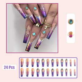 24Pcs French Tip Press on Nails Long Coffin Fake Nails Holographic Gradient Purple with Shine Nail Gem Rhinestones Design Glue on Nails Butterfly Wing False Nails Ballerina Acrylic Nails for Women DIY