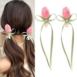 Totelux Tulip Hair Clips Pink Flower Hair Pins Bow Ribbon Hair Barrettes for Women Girls Spring Summer Wedding Mothers Day Hair Accessories 2Pcs