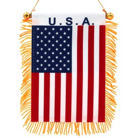 Anley 4 X 6 Inch American Fringy Window Hanging Flag - Mini Flag Banner & Car Rearview Mirror Décor - Fringed & Double Sided - US National Hanging Flag with Suction Cup