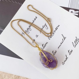 EDEN'S CALL Natural Irregular Raw Crystal Necklace for Women Golden Wire Wrapped Rough Gemstone Pendant with Chain, Dark Amethyst