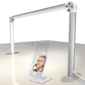 STOLAS Half Moon Light for Nail Desk with Phone Holder, 14 inch Height 3 Modes 3000K-6000K Dimmable LED Light, Desk Lamp for Nail Tech (Silver)