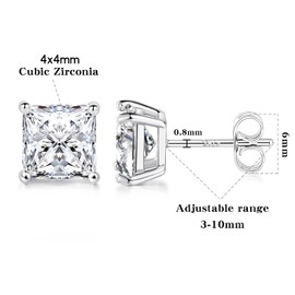 Princess Cut Cubic Zirconia 925 Sterling Silver Post Stud Earrings for Women Men 4mm