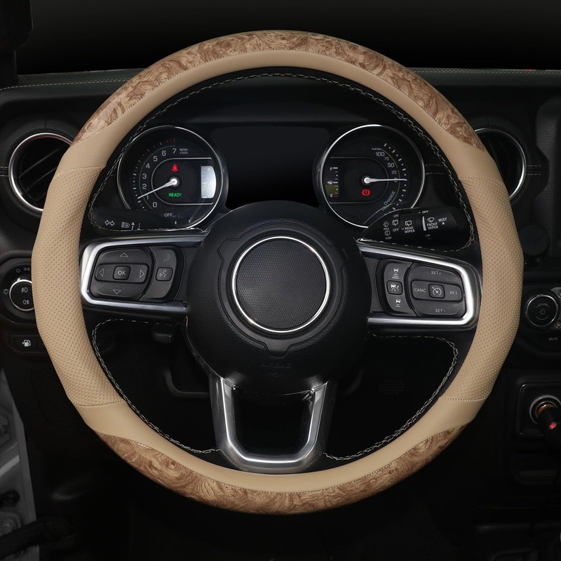 Wood Grain Steering Wheel Cover, 14.5-15 inch, Beige