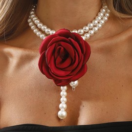 Layered Fabric Flower Pearl Choker Necklace for Women,White Pearl Double-Layer Beaded Necklace Trendy Party Banquet Jewelry Accessories Gift(Red)