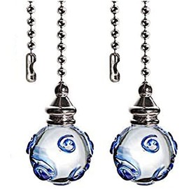 Akahttbn Ceiling Fan Pull Chains 12 Inches Glass Fan Pulls Decorative with Blue Pattern Transparent for Ceiling Light Lamp Fan Chain (Nickel) 2 Pcs