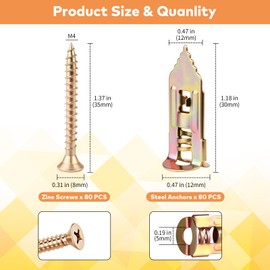 160 Pcs Self Drilling Drywall Anchors with Screws Kit, 80 Sheetrock Anchors (0.47x1.18inch) & 80 Zinc Plated Expansion Screws, Easy Application No Drill Needed, Hold 66LB for Wall Hanging