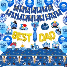 Happy Fathers Day Decorations Happy Father's Day Party Decorations Including Banner, Hanging Decorations,Best Dad Balloons,Tablecloth for Father's Day Party Supplies