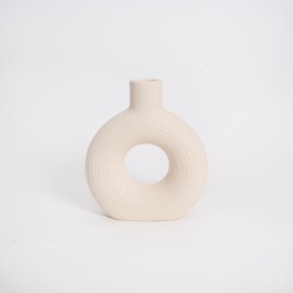 WACKADOO Vase for Pampas Grass Flowers, White Ceramic Doughnut Vase, White Vase, Round Shape, Modern Dried Flower Vases for Living Room, Office Decoration, Vase Beige Ceramic 21 x 17.5 cm