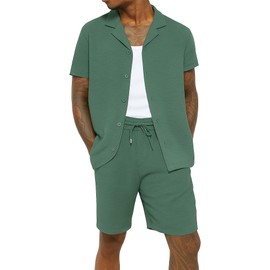 Mens Crinkle Textured Co-ord Shirt Short Set Anti Wrinkle Two Piece Breathable Top & Bottom Summer Beach, Olive, M