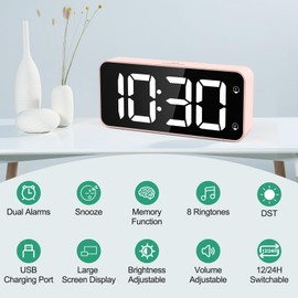 HERMIC Digital Alarm Clock Bedside Mains Powered Large Digital Led Display, Full-Range Brightness Dimmer, Adjustable Alarm Volume, Snooze, Dual Alarm, 12/24H, Easy to Use Pink
