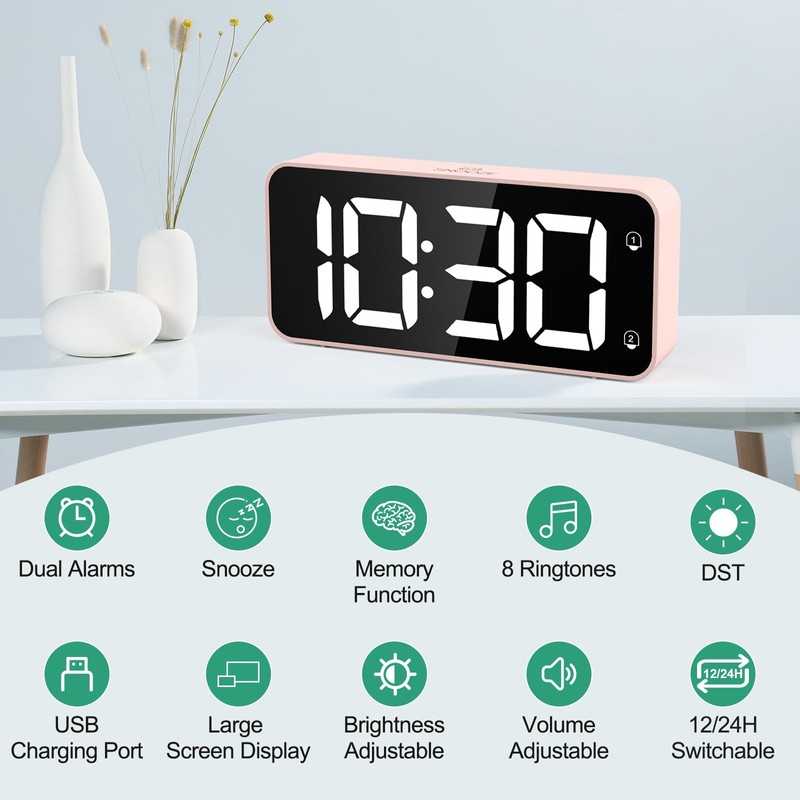 HERMIC Digital Alarm Clock Bedside Mains Powered Large Digital Led