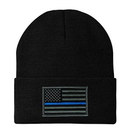 Made in USA - Thin Blue Line American Flag Embroidered Patch Long Cuff Beanie - Black