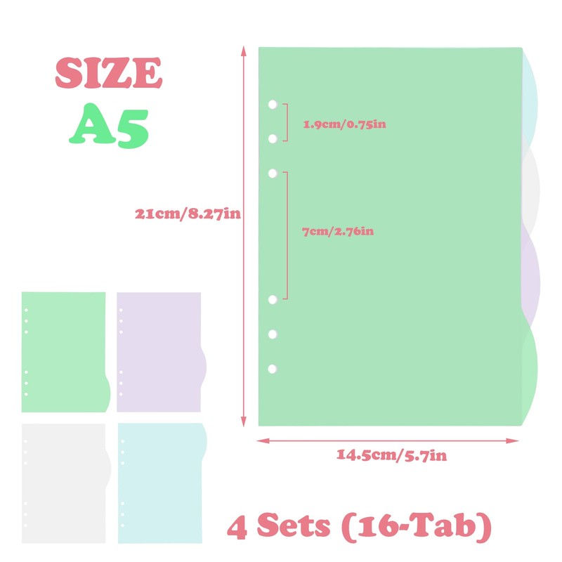 DY.2ten 4 Sets A5 Translucent Binder Dividers Index Page Tab