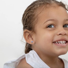 925 Sterling Silver 4mm Blue Cubic Zirconia Prong Set Baby Girls Screw Back Earrings, Safety Screw back Locking for Infants, Toddlers and Young Girls- Elegant Prong Basket Earrings