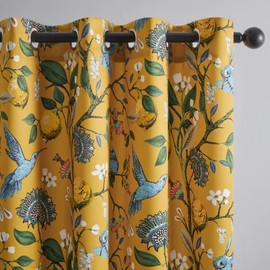 Topfinel 90 Inches Long Curtains & Drapes 2 Panels, Unique Nature Luxury Elegant Colorful Dark Floral Hummingbird Patterned Rustic Mustard Yellow Grommet Drapes for Classroom Room Office Closet 52x90