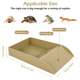 Alongen Tortoise Water Dish, Tortoise Food Dish, Anti Slip Reptile Pool Bowl with Ramp, Reusable Reptile Pool Tortoise Habitat Accessories for Turtles Horned Frogs and Lizards(Brown)