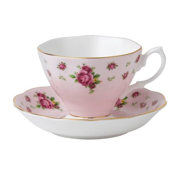 Royal Albert New Country Roses Teacup and Saucer, Mostly White with Pink Multicolored Floral Print