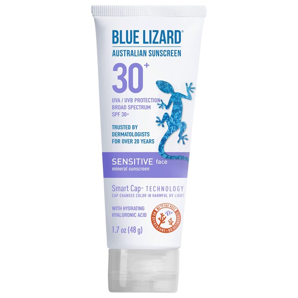 Blue Lizard SENSITIVE FACE Mineral Sunscreen with Zinc Oxide and Hydrating Hyaluronic Acid, SPF 30+, Water Resistant, UVA/UVB Protection with Smart Cap Technology - Fragrance Free, , 1.7 oz.