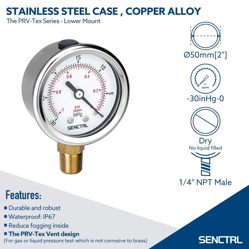 SENCTRL 30inHg Vacuum Pressure Gauge, 2" Dial, 1/4 NPT Lower