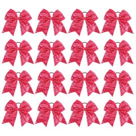 KINCHYGO, 16 Pack Large Glitter Cheer Hair Bows Shiny Cheerleading Bows Hair Ties Ponytail Holder for Women Hot Pink