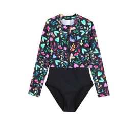 Gottex Girls Kids Long Sleeve Zip Front One Piece Swimsuit Chlorine Fade Resistant and Built-in UPF UV Protection, Multicolor