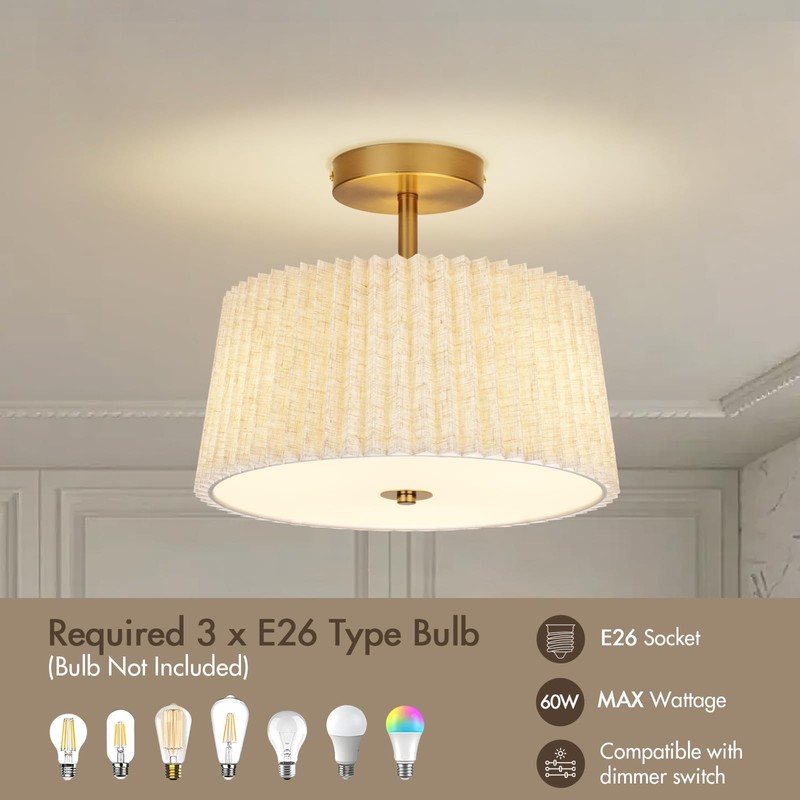 HILUXIA 13 Inch Linen Pleated Semi Flush Mount Ceiling Light