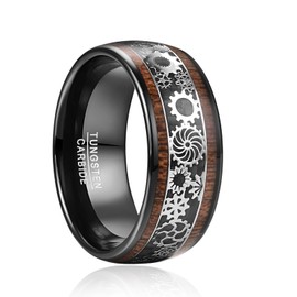 TUNGSTORY Men's Tungsten Ring 10 mm Black/Silver Steampunk Gears Ring with Wood Men's Wedding Ring Size 54.4-72, Wood, No Gemstone