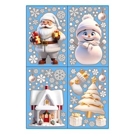 Auony 4 Sheets Christmas Window Stickers Christmas Window Cling Christmas Window Decal White Snowflake Santa Claus Reindeer Sticker for Xmas Window Decoration