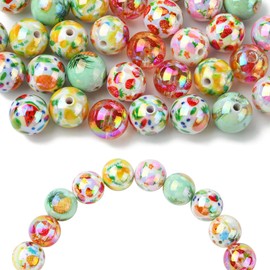 Stiesy - 35 abalorio redondas de acrílico de 7 estilos de 16 mm con patrón de flores de frutas, chapado en rayos UV, arcoíris iridiscente, bolas espaciadoras para manualidades a granel para