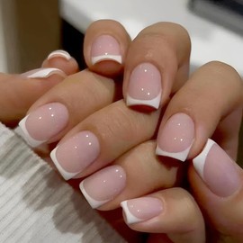 French Tip Square Press on Nails Short Pink Fake Nails Artificial False Nails Acrylic Nails Glossy Full Cover Glue on Nails for Women