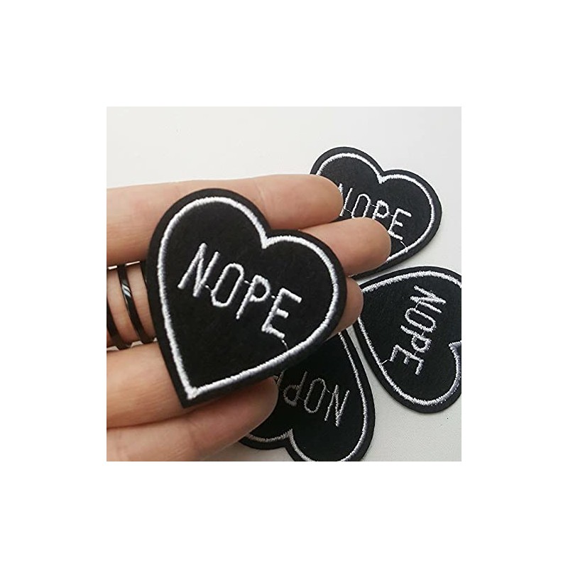 Acxico 5Pcs Nope Black Heart Iron-On/Sew-On Embroidered Patch, Gothic Punk