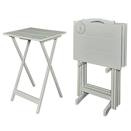 Riverbay Furniture 5 Piece Set Compass Print TV Wood Folding Tray Table Stand in Light Gray, 4 Tray Tables & 1 Stand
