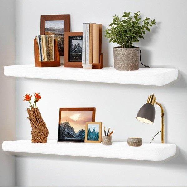 Warp Crack Resistant White Wood Floating Shelves with Invisible Brackets