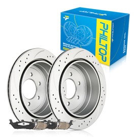 PHILTOP Rear Brake Pads and Rotors Kit, OE Drilled & Slotted Rotors and Ceramic Brake Pads for Ford 2004-2011 F-150, Lincoln 2006-2008 Mark LT