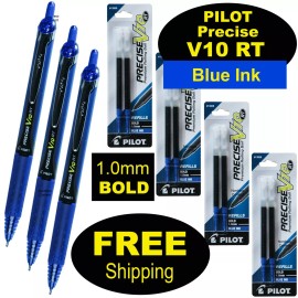 Pilot Precise V10 RT, 3 Pens, 4 Packs of Refills, Blue Ink, 1.0mm BOLD Point