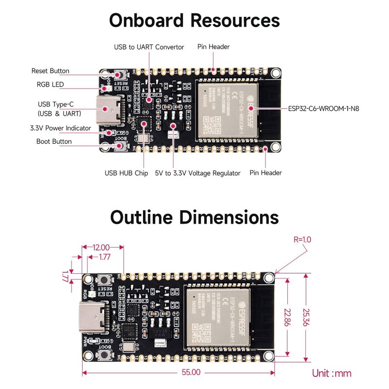 Waveshare ESP32-C6 Microcontroller with Pinheader, WiFi 6 Development Board, 160MHz