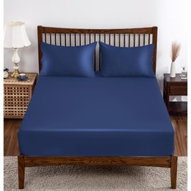 Bamboo Viscose Fitted Sheet 1 Pack Full Size Only,400 Thread Count,8-16" Deep Pocket,Bottom Sheet Colorfast Soft & Silky & Breathable(1 Fitted Sheet Only, Navy Blue, Full)