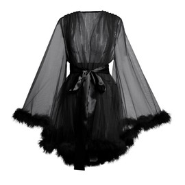 Women's Tulle Robe with Feather Photoshoot Bathrobe Illusion Wedding Gown for Party (X-Large, Black)