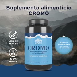 TIBET NATURA - Cromo Con L-Carnitina - Suplemento Alimenticio Con Polinicotinato de Cromo - 60 Cápsulas con 400 mg c/u - Sin Azúcar y Sin Sabor