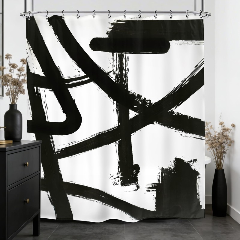 Kalmico Black White Abstract Shower Curtain 60Wx72L Inch Modern Line
