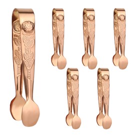BOXOB 6pcs Mini Sugar Cube Tongs, 4in Small Serving Tongs with Rose Pattern Tiny Stainless Steel Sweet Grabber Tool for Ice Appetizers Charcuterie Boards Dessert Coffee Bar (Rose Gold)