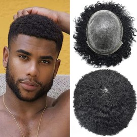 F M FACE MIRACLE NEW YORK Afro Toupee for Black Men All PU Injected Afro Curl Mens Toupee Brazilian Human Hair Piece African American Mens Hair System Clear Poly Male Hair Prosthesis