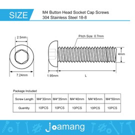 Joamang M4 x 30mm 35mm 40mm 45mm 50mm Button Head Socket Cap Screws Bolts, Stainless Steel 304, Metric Allen Hex Drive, Bright Finish, Fully Threaded, Assortment Kit 50PCS