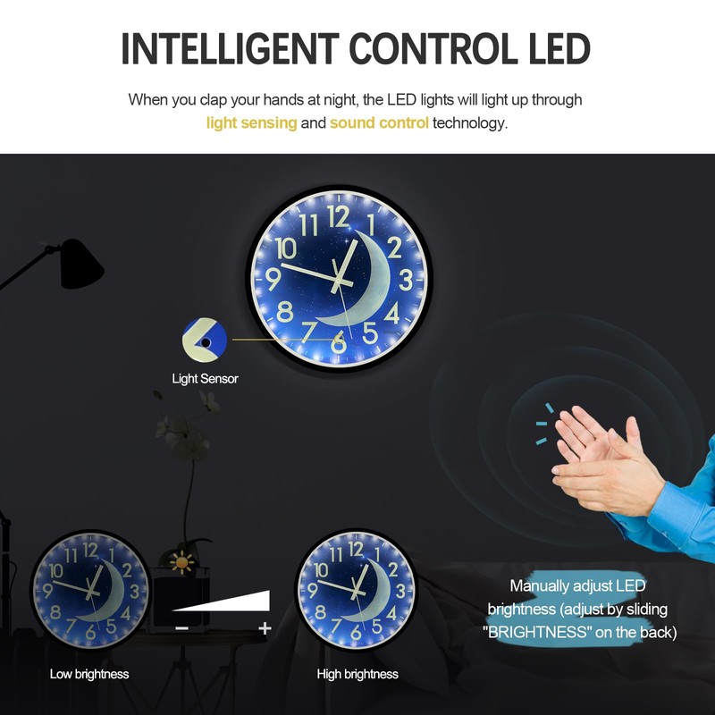 JoFomp LED Light Up Wall Clock Glow in Dark, 12