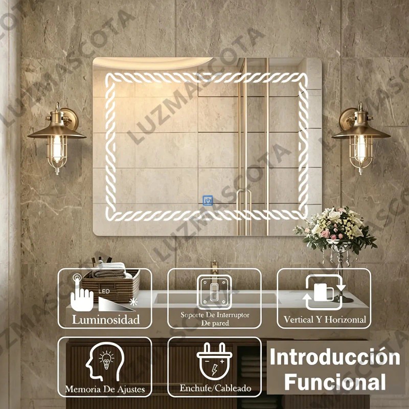 Espejo Rectangular de Baño con Luz LED Táctil, 3 Tonos