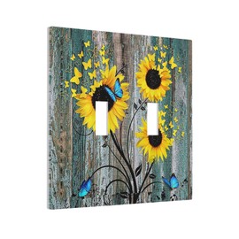 Sunflower Flower Butterfly 2 Gang Light Switch Cover Double Toggle Blue Decorative Wall Plate GFCI Wood Plank Electrical Switchplate for Country Home Decor Mid Size