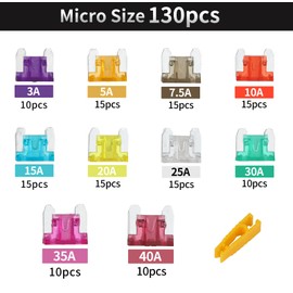 XJlSGXUSG 130 Pcs Micro fuses Kit, Blade Fuse Assortment Kit(3A/5A/7.5A/10A/15A/20A/25A/30A/35A/40A) (with Puller Tool) for Car, Marine, Truck, RV Fuse Replacement