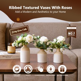 3 Pcs Silk Roses Artificial Flowers with Vase, Fake Flowers in Vases - Faux Flower Arrangement Table Centerpiece Decorations Set for Decor Your Home Dining Room Living Coffee Table (Beige White)