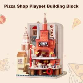 Oichy Street View Building Blocks, Canteen Shop Building Toys House Building Blocks Simulation Restaurant Architecture Set Openable Building Toys Gift for Kids Adults (Pizza Shop)
